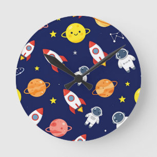 Cute Space Explorer Kids Pattern Round Clock