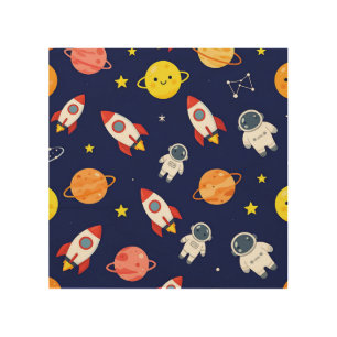 Cute Space Explorer Kids Pattern Wood Wall Art