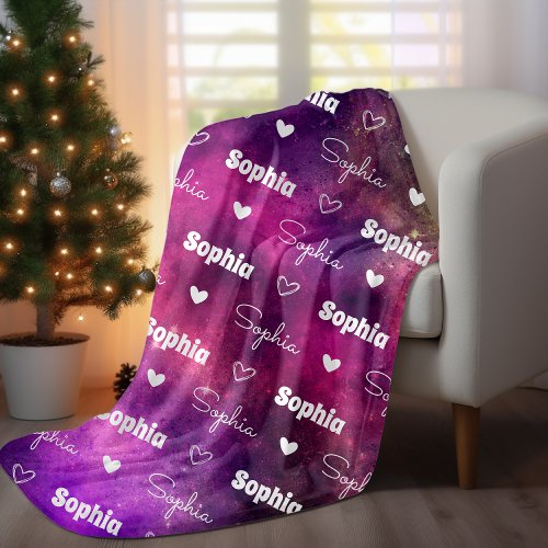 Cute space magenta repeating name personalized fleece blanket