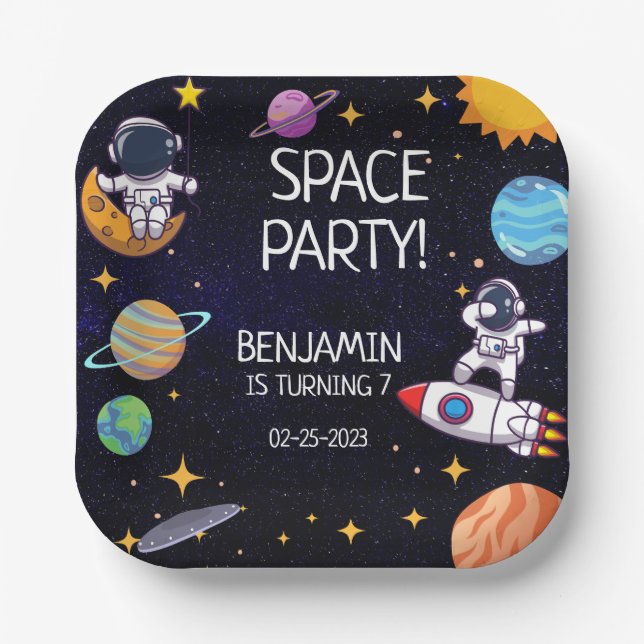 Cute Space Party Any Age Birthday Paper Plates (Front)