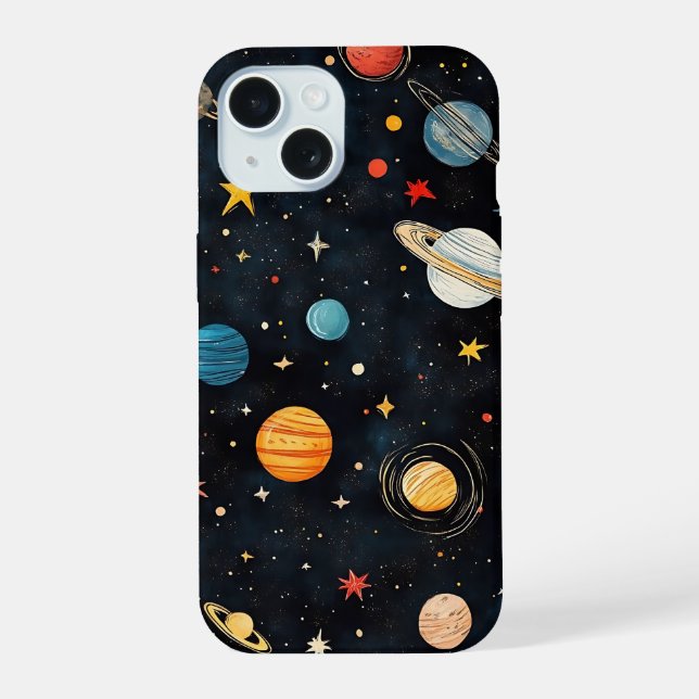 Cute Space Planets Pattern iPhone 15 Case (Back)