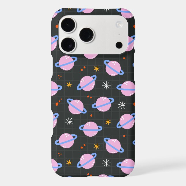 Cute Space Planets & Stars Grid Black Pattern Iphone Case (Back)