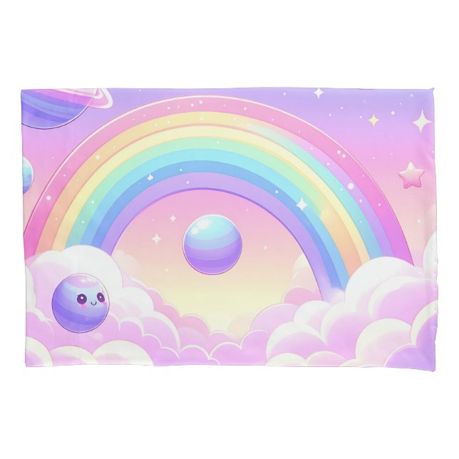 Cute Space Rainbow Design – Kawaii Planets & Stars Pillow Case (Front)