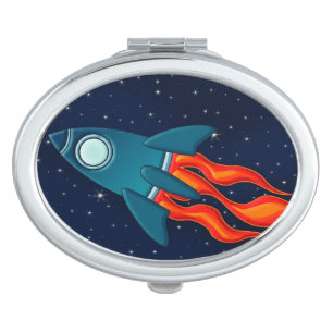 Cute Space Rocket and Outer Space Design Compact Mirror