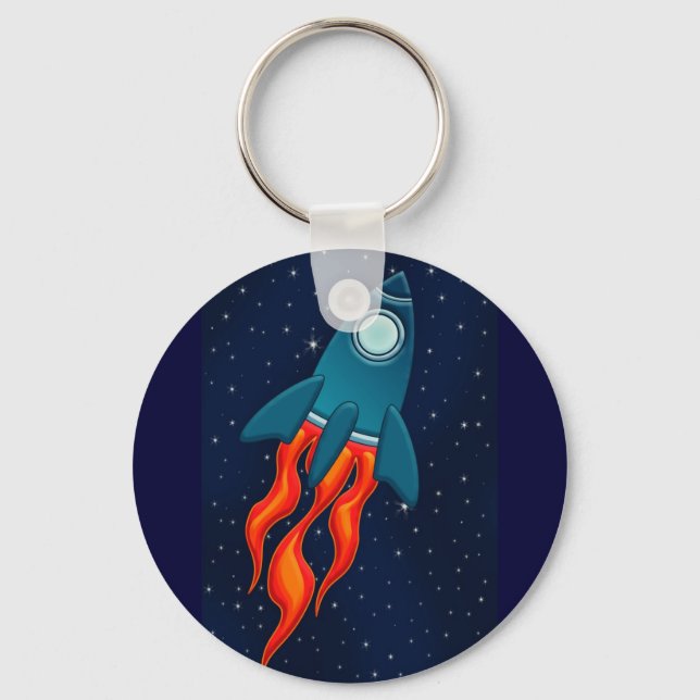 Cute Space Rocket and Outer Space Design Keychain (Front)