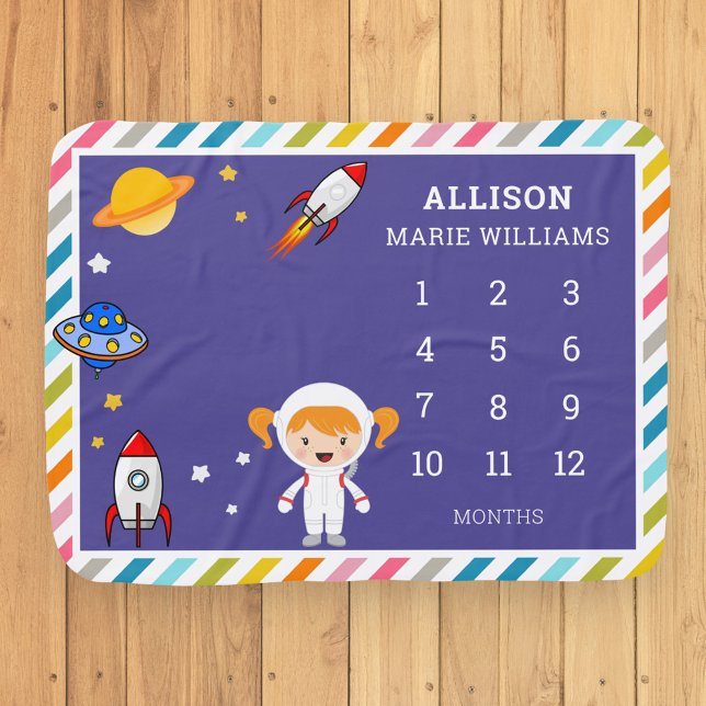 Cute Space Rocket Baby Girl Monthly Milestone Blanket (Creator Uploaded)