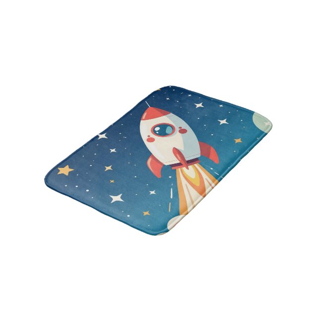 Cute space rocket blasting off bath mat (Angled)