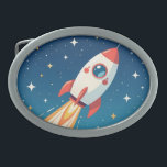 Cute space rocket blasting off belt buckle<br><div class="desc">Cute red and white rocket blasting off in space with whimsical stars and clouds.</div>