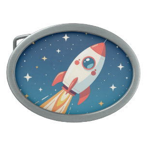 Cute space rocket blasting off belt buckle