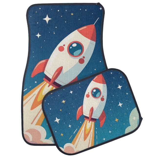 Cute space rocket blasting off car floor mat (Set)