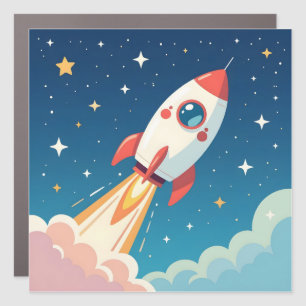 Cute space rocket blasting off car magnet