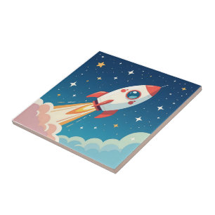 Cute space rocket blasting off ceramic tile