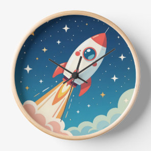 Cute space rocket blasting off clock