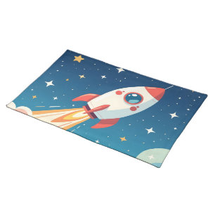 Cute space rocket blasting off cloth placemat
