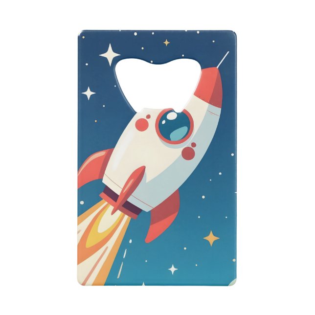 Cute space rocket blasting off credit card bottle opener (Front)