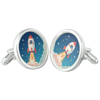 Cute space rocket blasting off cufflinks
