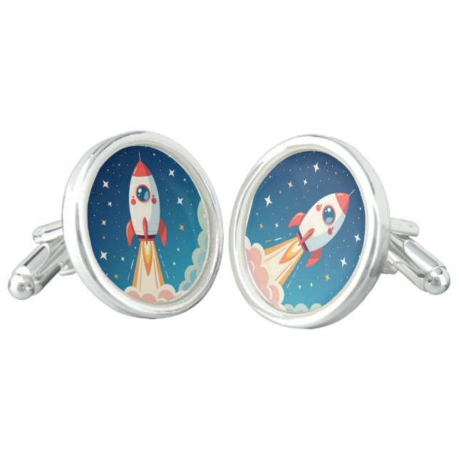 Cute space rocket blasting off cufflinks (Angled)