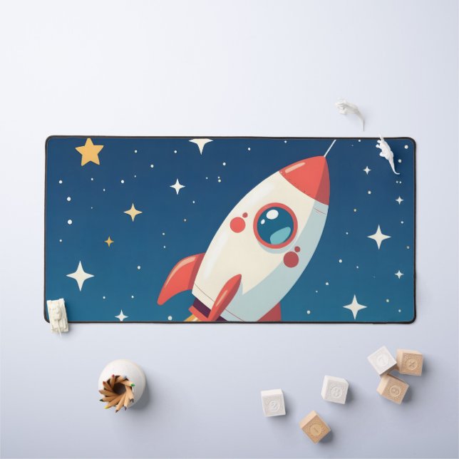 Cute space rocket blasting off desk mat (Kids Table)