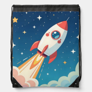 Cute space rocket blasting off drawstring bag