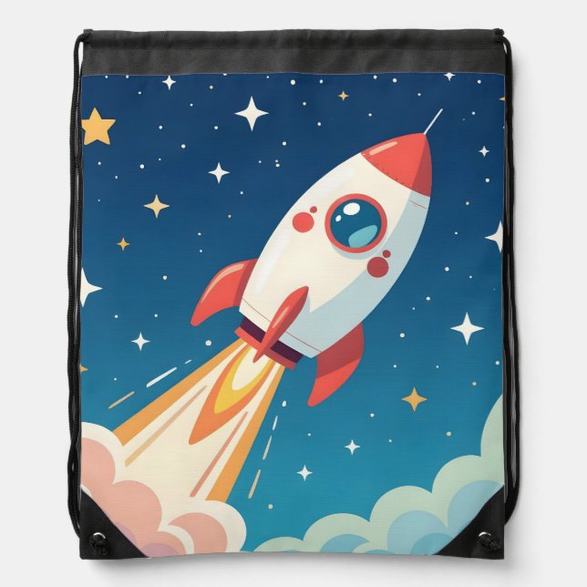Cute space rocket blasting off drawstring bag (Front)