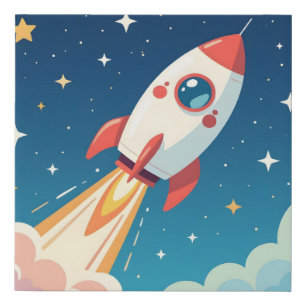 Cute space rocket blasting off faux canvas print