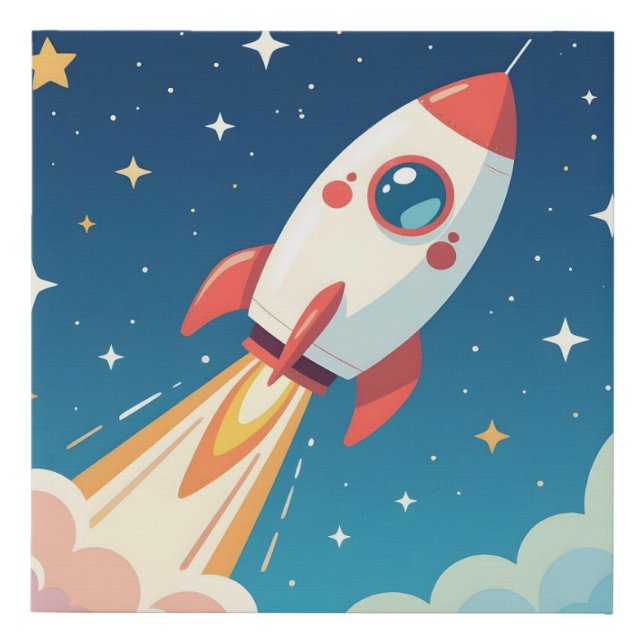 Cute space rocket blasting off faux canvas print (Front)
