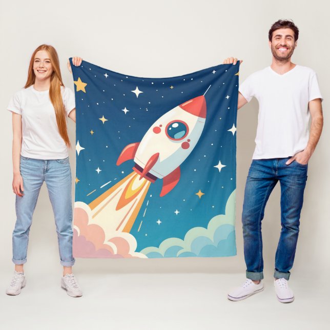 Cute space rocket blasting off fleece blanket (In Situ)