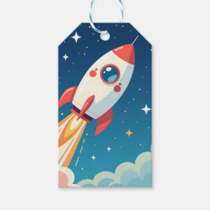 Cute space rocket blasting off gift tags