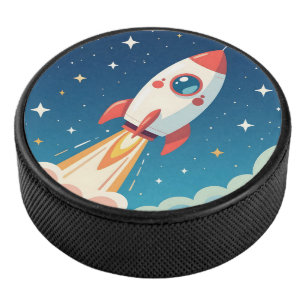 Cute space rocket blasting off hockey puck