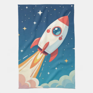 Cute space rocket blasting off kitchen towel