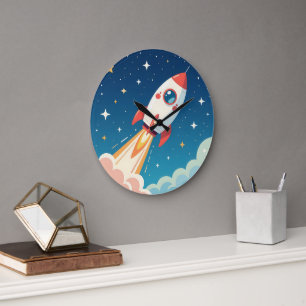 Cute space rocket blasting off large clock