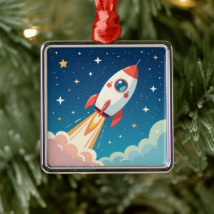 Cute space rocket blasting off metal ornament