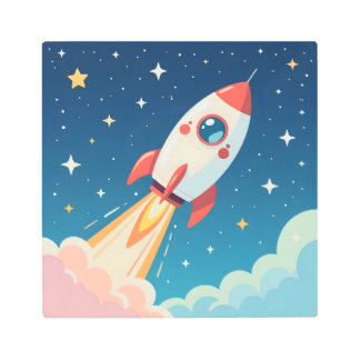 Cute space rocket blasting off metal print