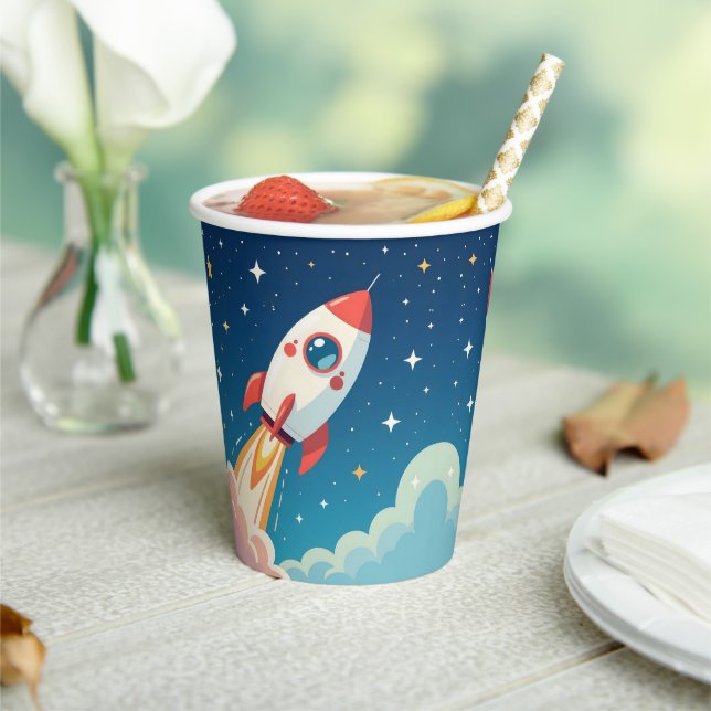 Cute space rocket blasting off paper cups (Insitu)