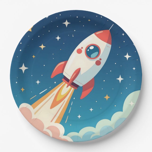 Cute space rocket blasting off paper plates (Front)