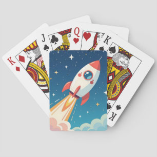 Cute space rocket blasting off poker cards