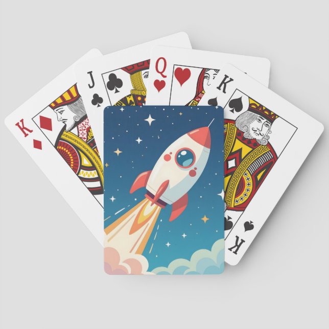 Cute space rocket blasting off poker cards (Back)
