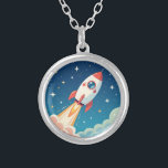 Cute space rocket blasting off silver plated necklace<br><div class="desc">Cute red and white rocket blasting off in space with whimsical stars and clouds.</div>