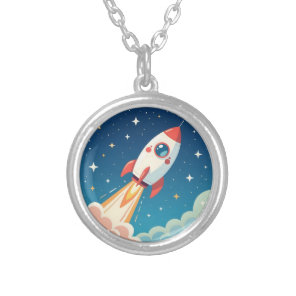 Cute space rocket blasting off silver plated necklace