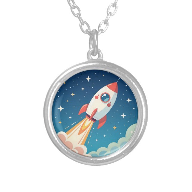 Cute space rocket blasting off silver plated necklace (Front)