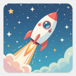 Cute space rocket blasting off square sticker