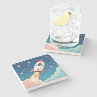 Cute space rocket blasting off stone coaster