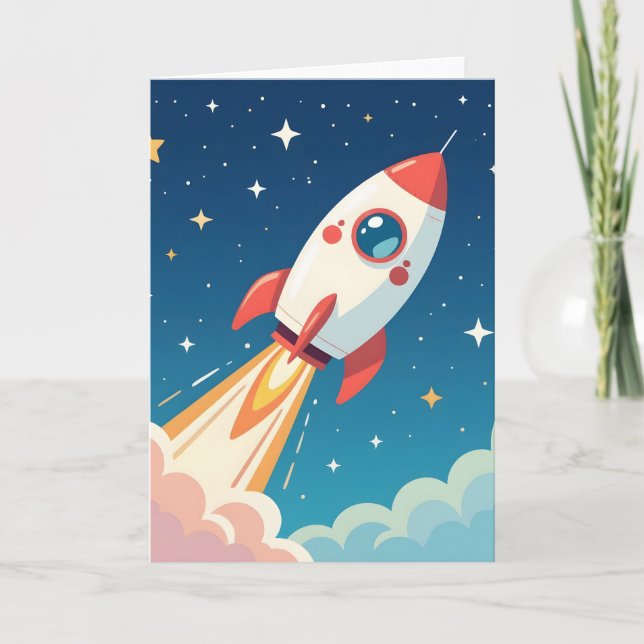 Cute space rocket blasting off thank you card (Front)
