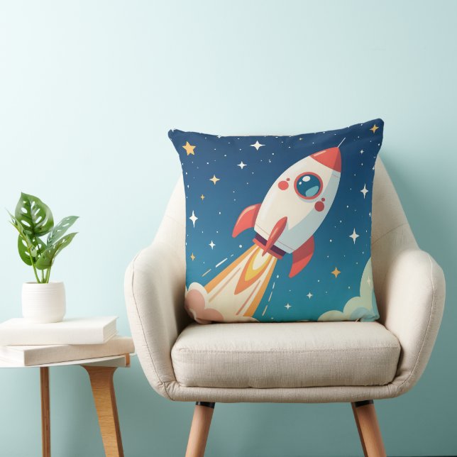Cute space rocket blasting off throw pillow (Chair)