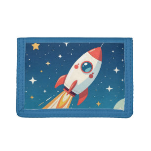 Cute space rocket blasting off trifold wallet