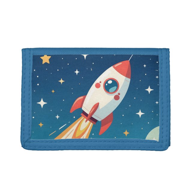 Cute space rocket blasting off trifold wallet (Front)