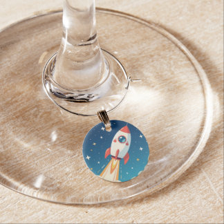 Cute space rocket blasting off wine charm