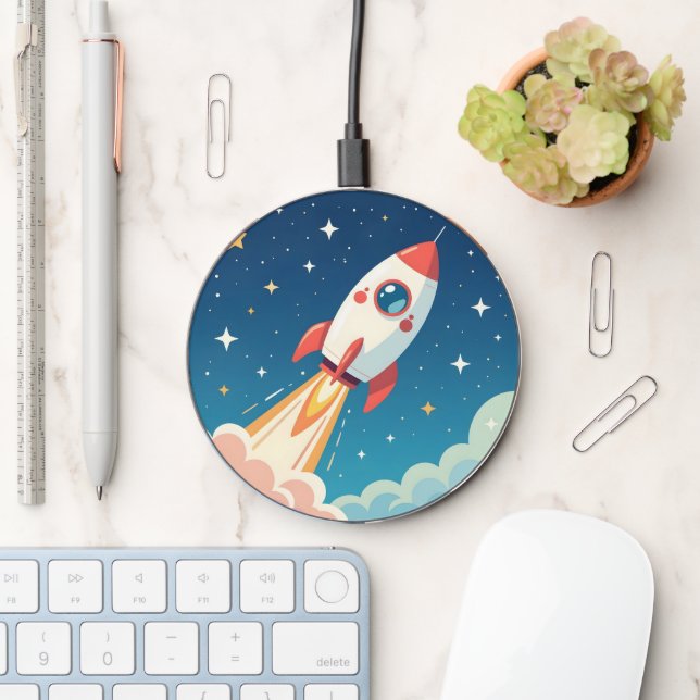 Cute space rocket blasting off wireless charger  (Desk)