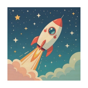 Cute space rocket blasting off wood wall art