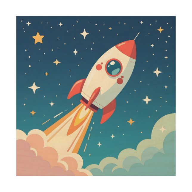 Cute space rocket blasting off wood wall art (Front)